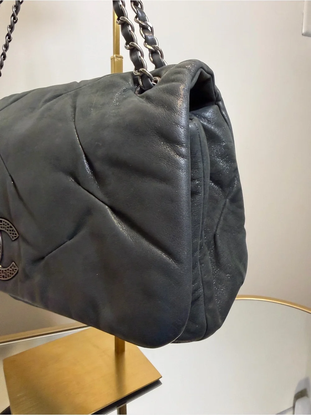 CHANEL Glint Flap Bag Dark Gray Iridescent Calfskin East West w/ COA